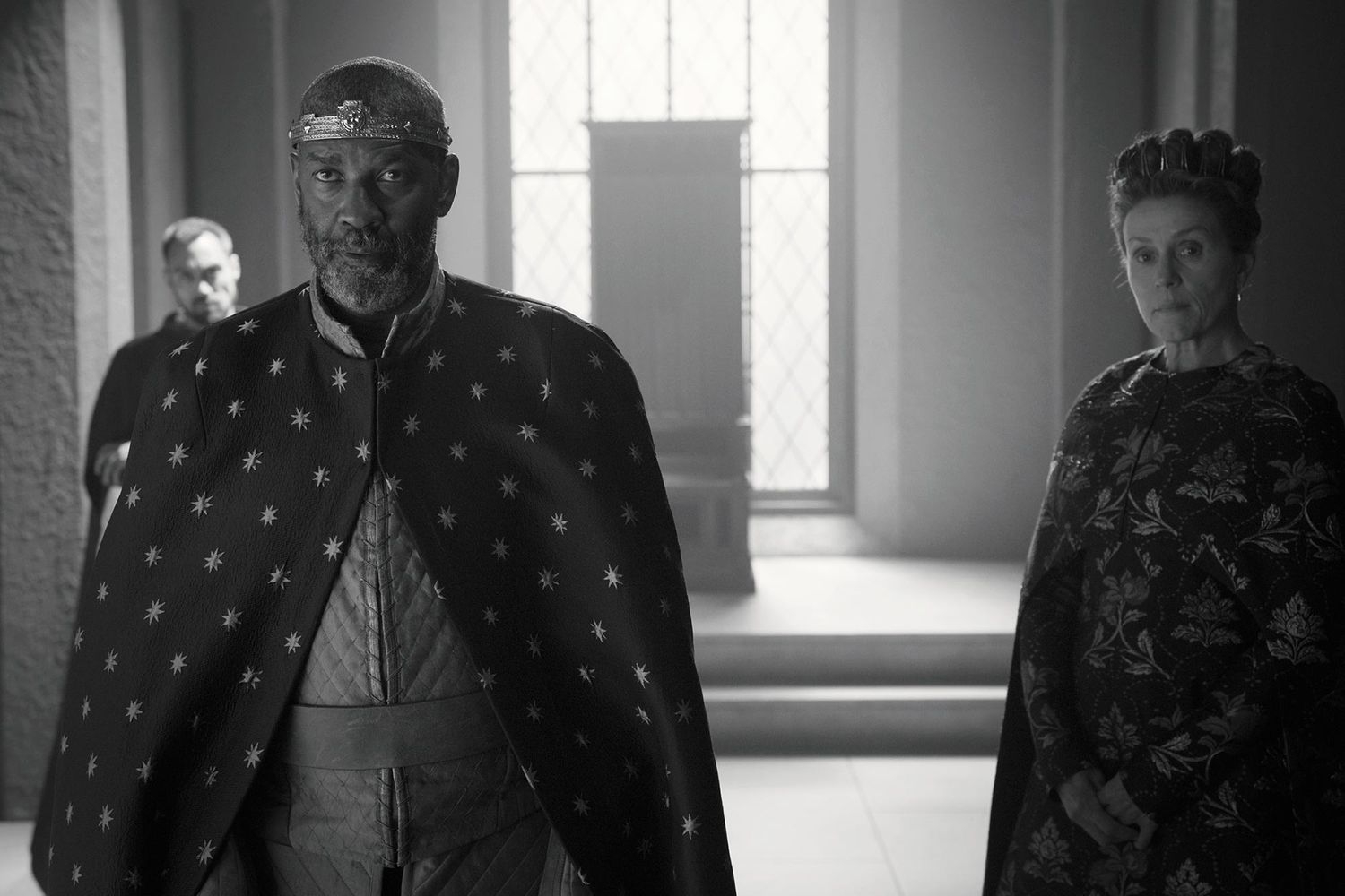 Denzel Washington and Frances McDormand in costume as Lord and Lady MacBeth