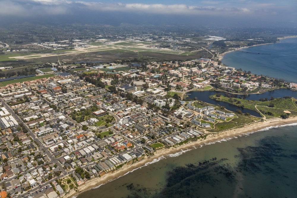 Aerial view of UCSB and Isla Vista from beach up Ocean Road