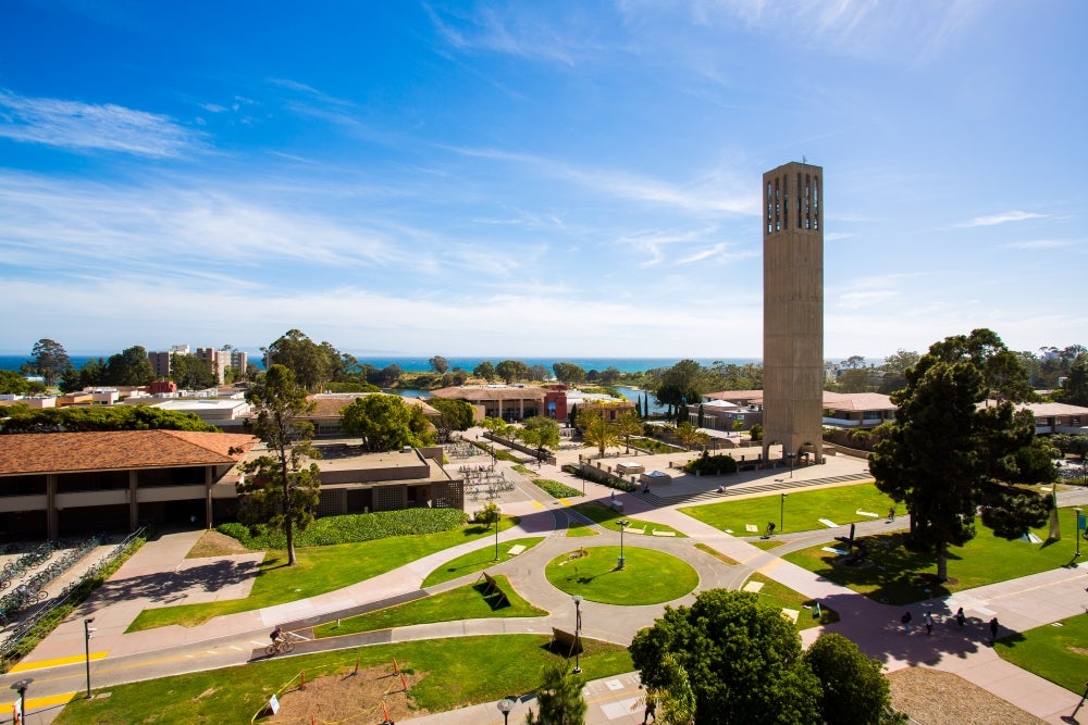 View of Storke Tower and UCen with ocean beyond