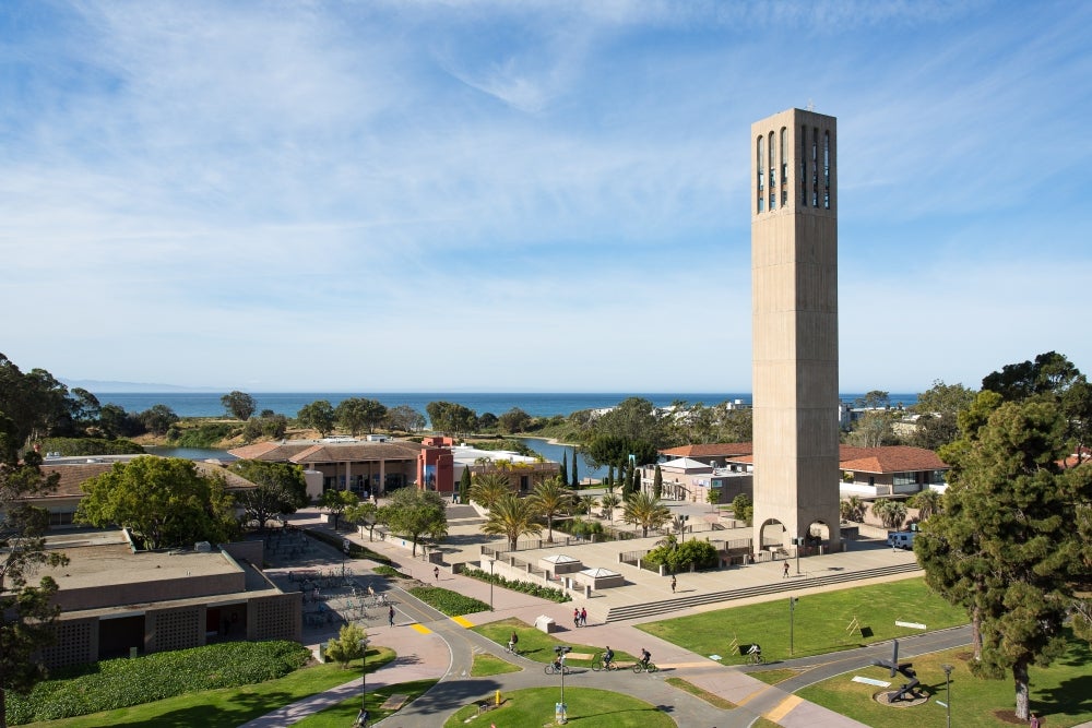 View of Storke Tower, bike path, UCen and lagoon at UC Santa Barbara