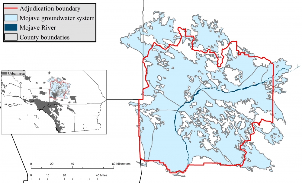 Map of the Mojave groundwater basin and the adjudication boundary