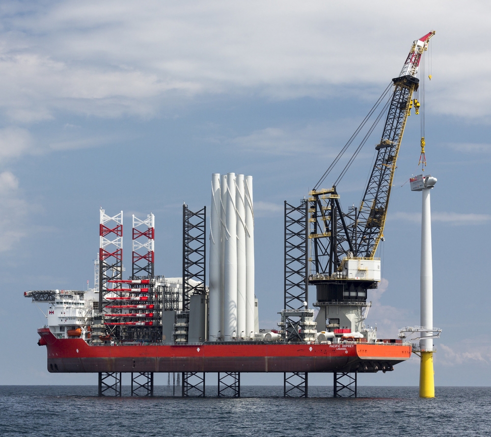 A wind turbine installation vessel at work in Germany’s DanTysk, a windfarm in the North Sea near the Danish border