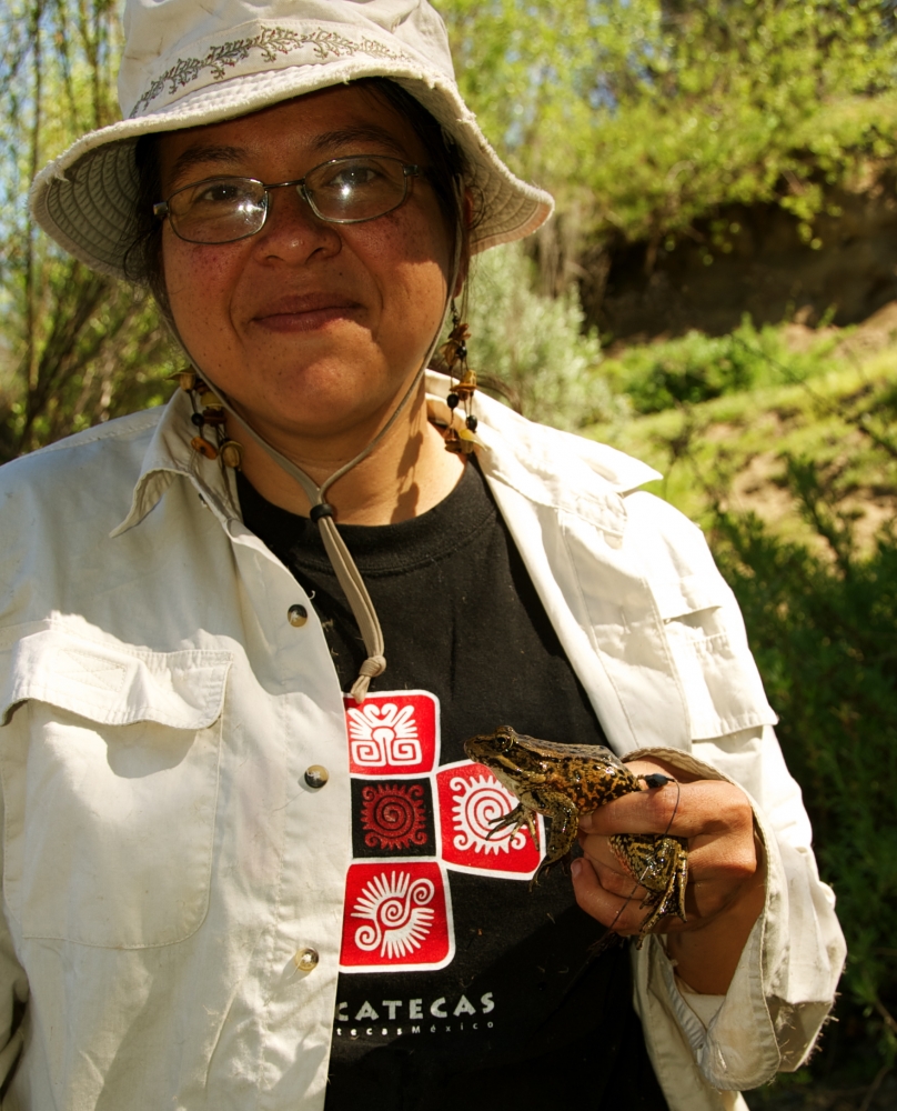 Anny Peralta-García holding a California red-legged frog