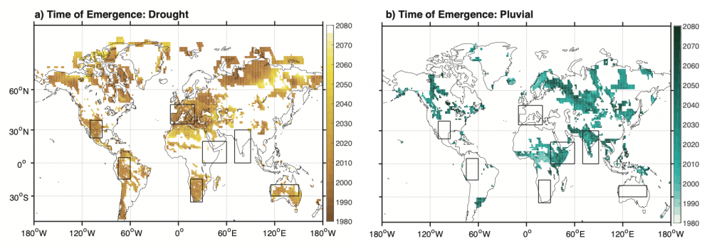 Two maps of predicted soil moisture versus our current definitions of megadrought and megapluvial