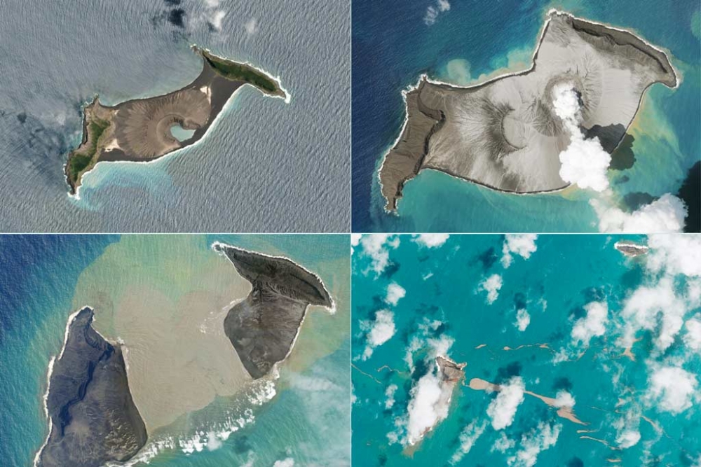 Four satellite images of Hunga Tonga and Hunga Ha’apai before and after the January 2022 eruptions
