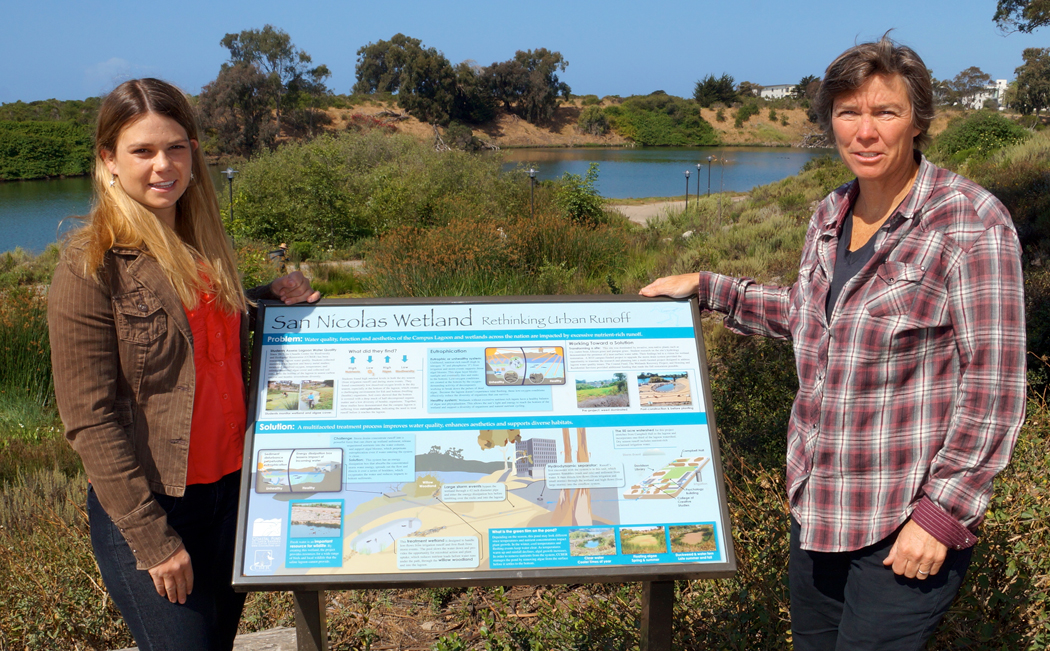 Lisa Stratton, CCBER director of ecosystem management, right, with Jenna Driscoll, from both UCSB’s Bren School of Environmental Science &amp; Management, and the Coastal Fund, which funded the new signs.