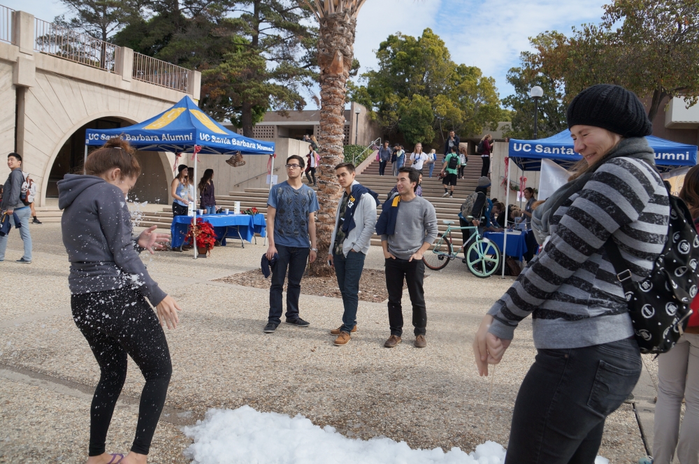 snowball fight at Storke Plaza