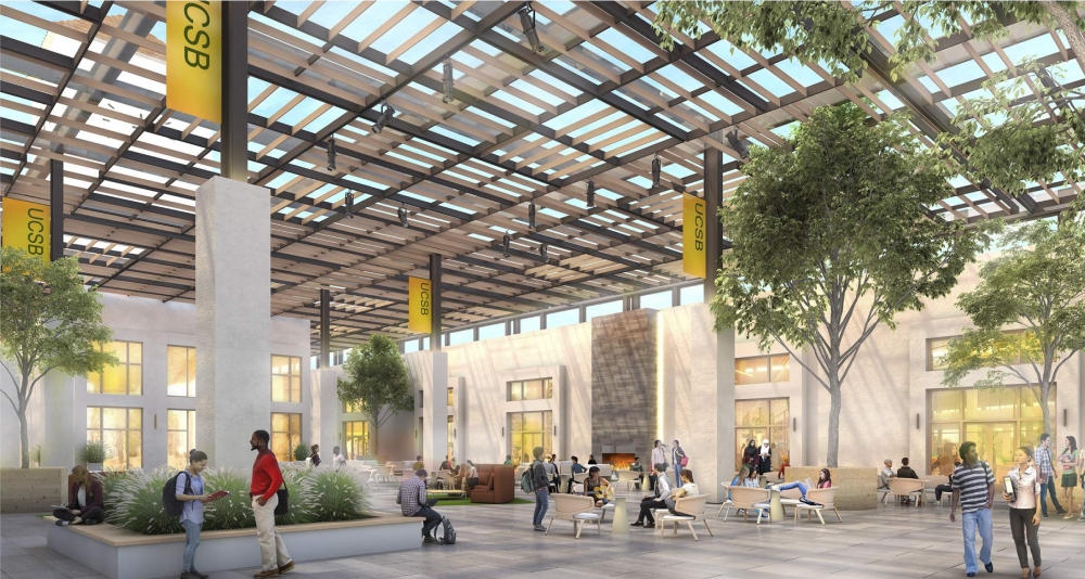 Artist's rendering of a landscaped courtyard inside Munger Hall at UCSB