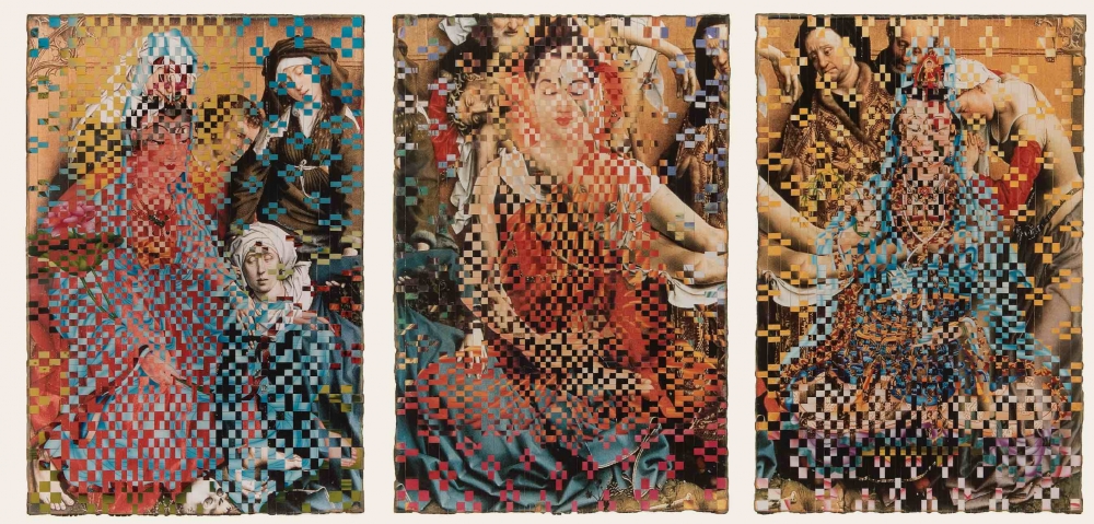 Art piece depicting religious figures from the East and West in woven collage of photographs