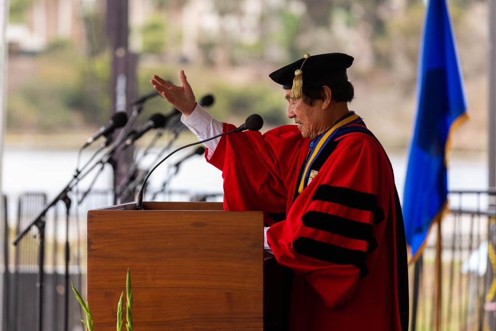 Chancellor Henry T. Yang speaking at convocation
