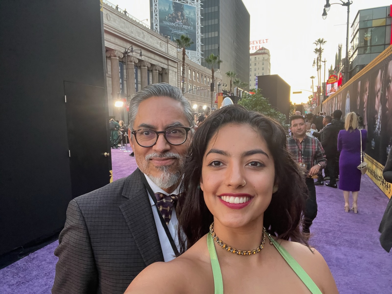 Gerardo Aldana and his daughter Seri wear formal wear at the Premier of "Black Panther: Wakanda Forever"