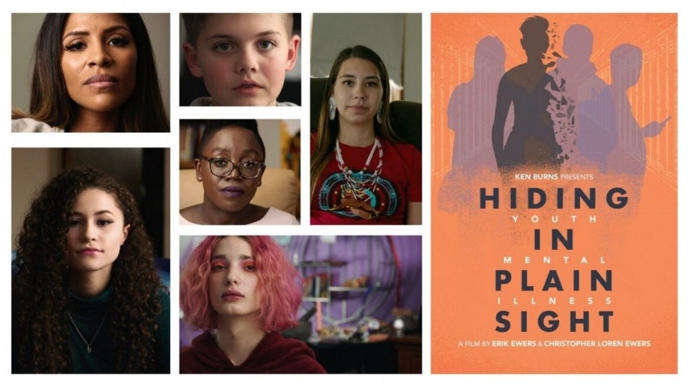 Multiple faces of young people and the movie poster for Hiding in Plain: Youth Mental Illness Sight 