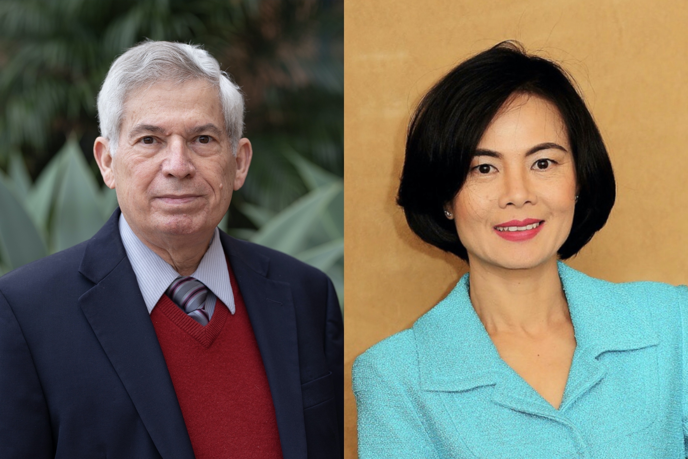 Two researchers, one male against exterior foliage background, one female against yellow studio background 