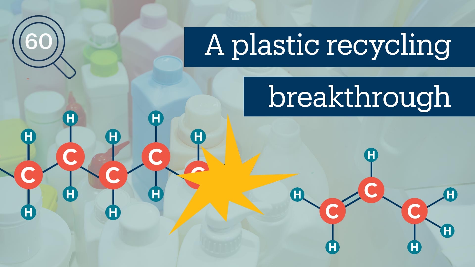 Illustration of molecular chain overlaid on image of plastic bottles