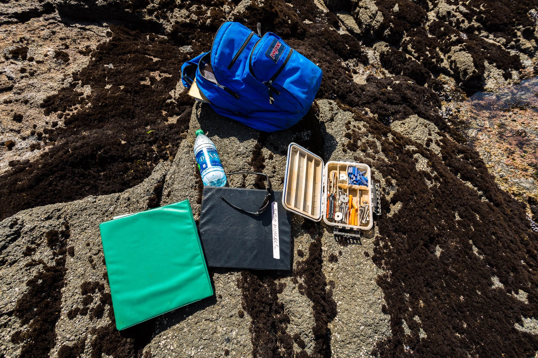 researcher toolkit items scattered on the beach