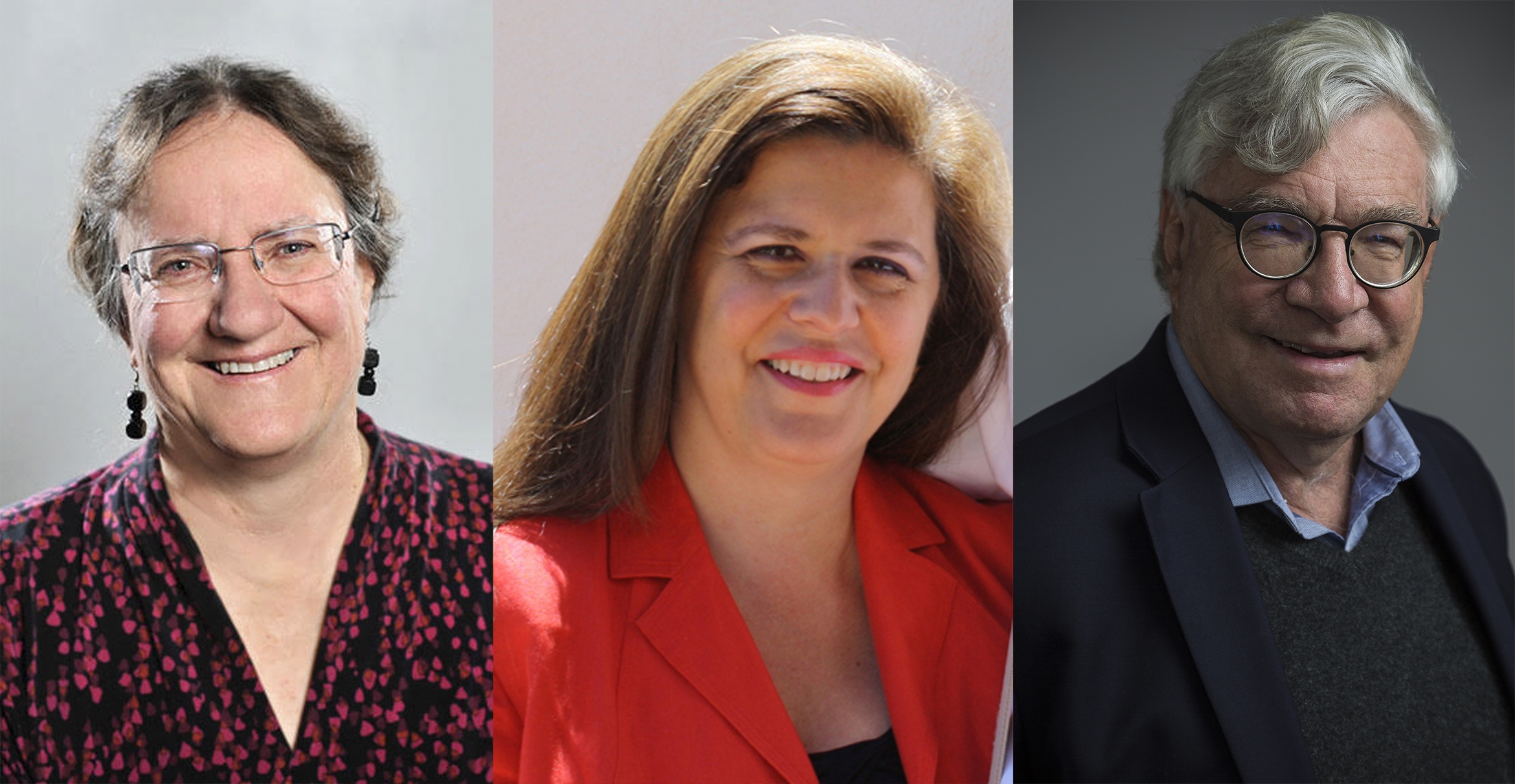 Side-by-side headshots of Tanya Atwater, Leda Cosmides and Nelson Lichtenstein