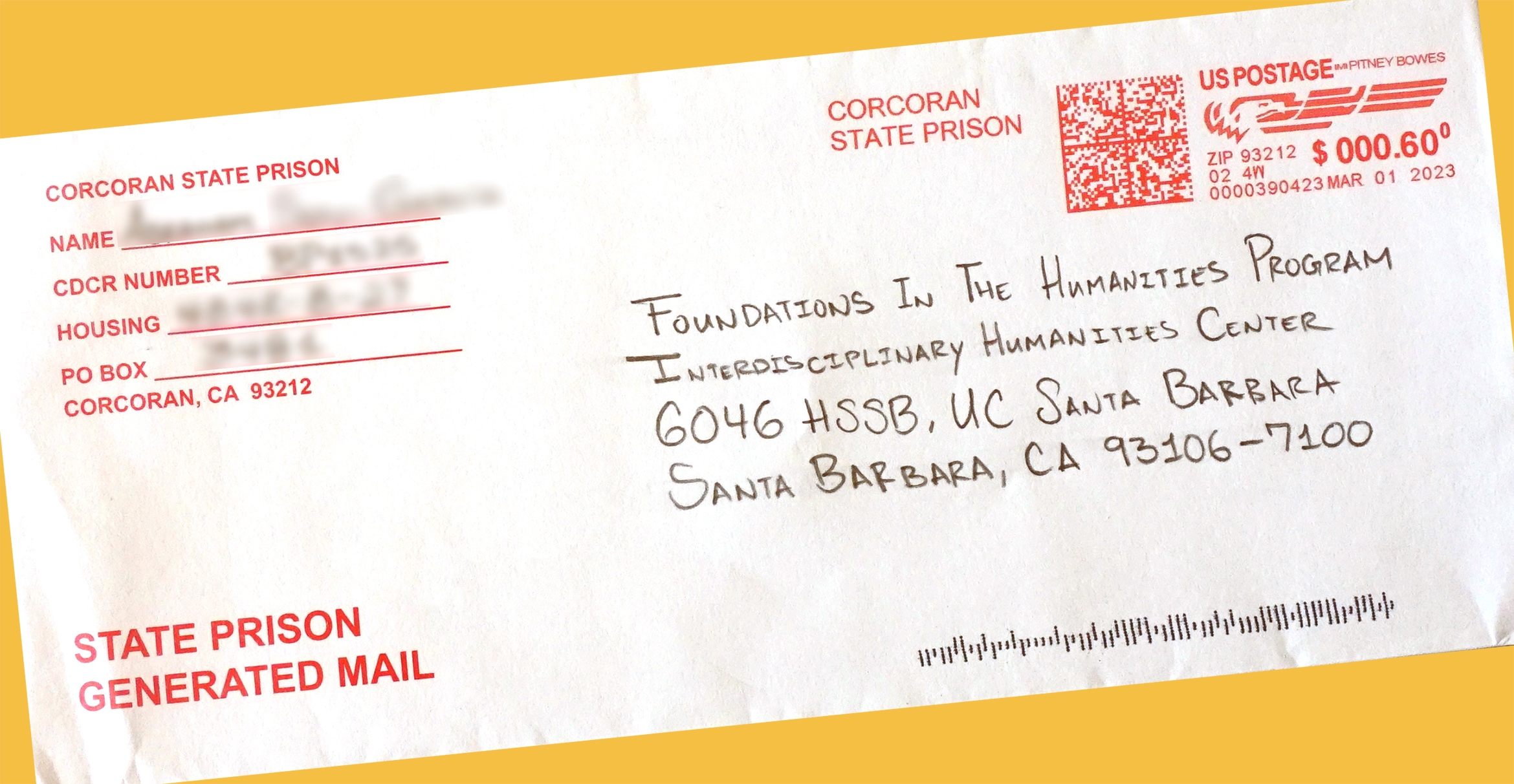 An envelope addressed to UCSB's Interdisciplinary Humanities Center, from Corcoran State Prison