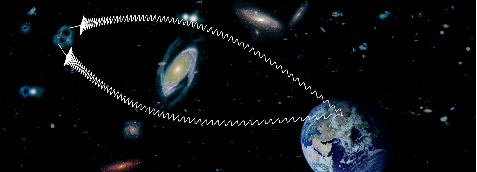 concept of lensed gravitational waves traveling to Earth