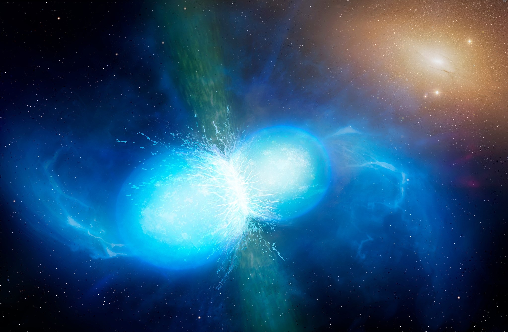 This artist’s impression shows two tiny but very dense neutron stars at the point at which they merge and explode as a kilonova.