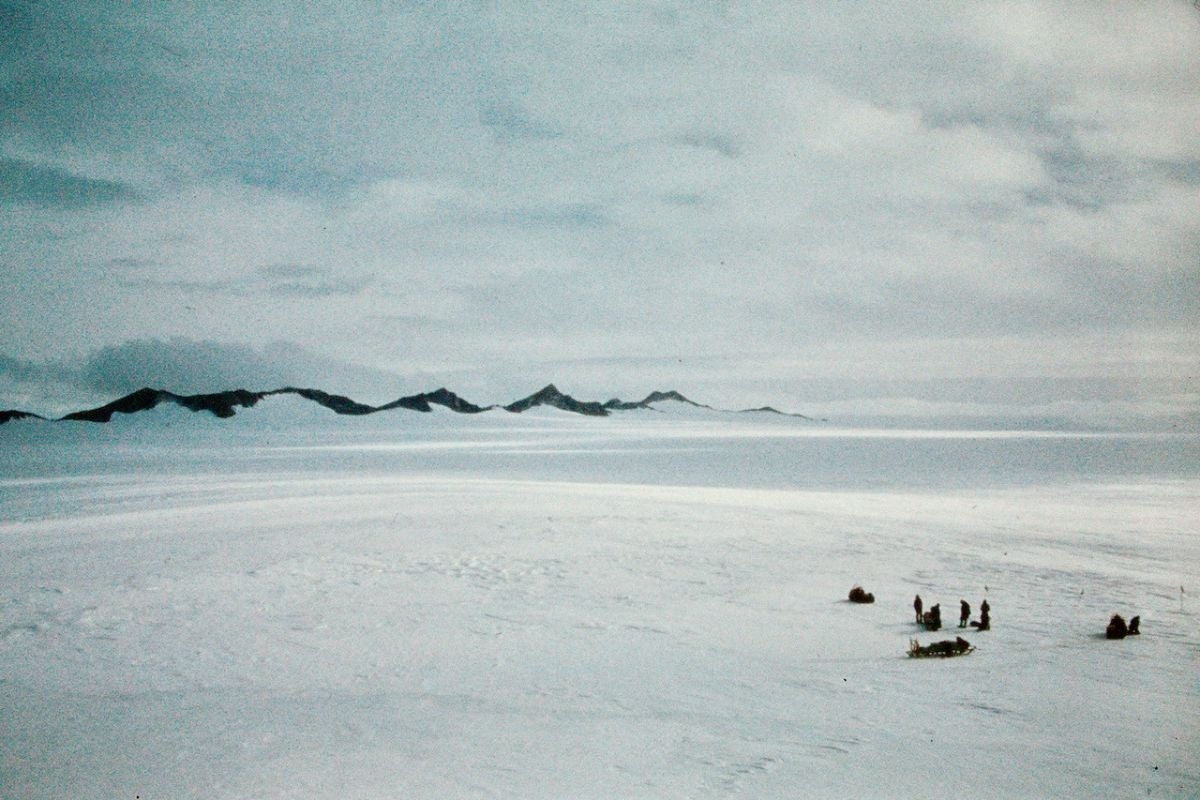 The research team looks small with mountains in the far background.