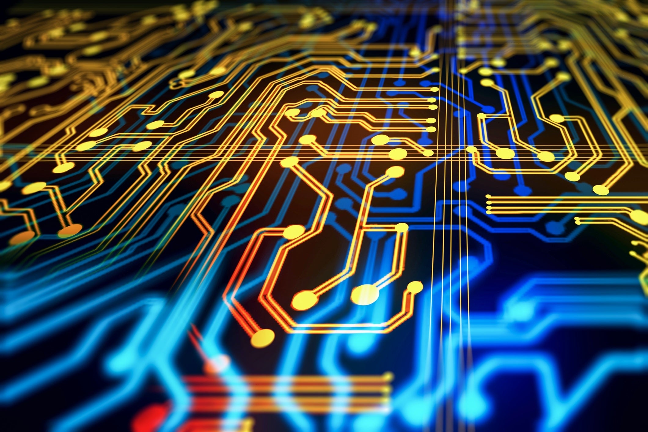 illustration of blue and yellow circuitry