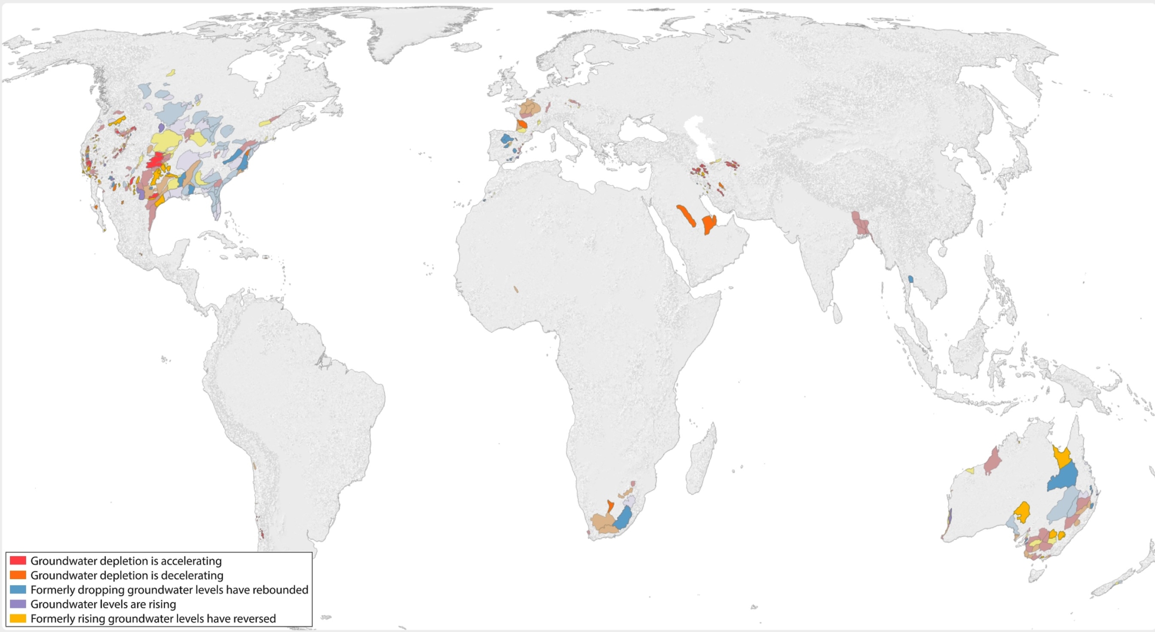 A map showing trends in groundwater levels around the globe.