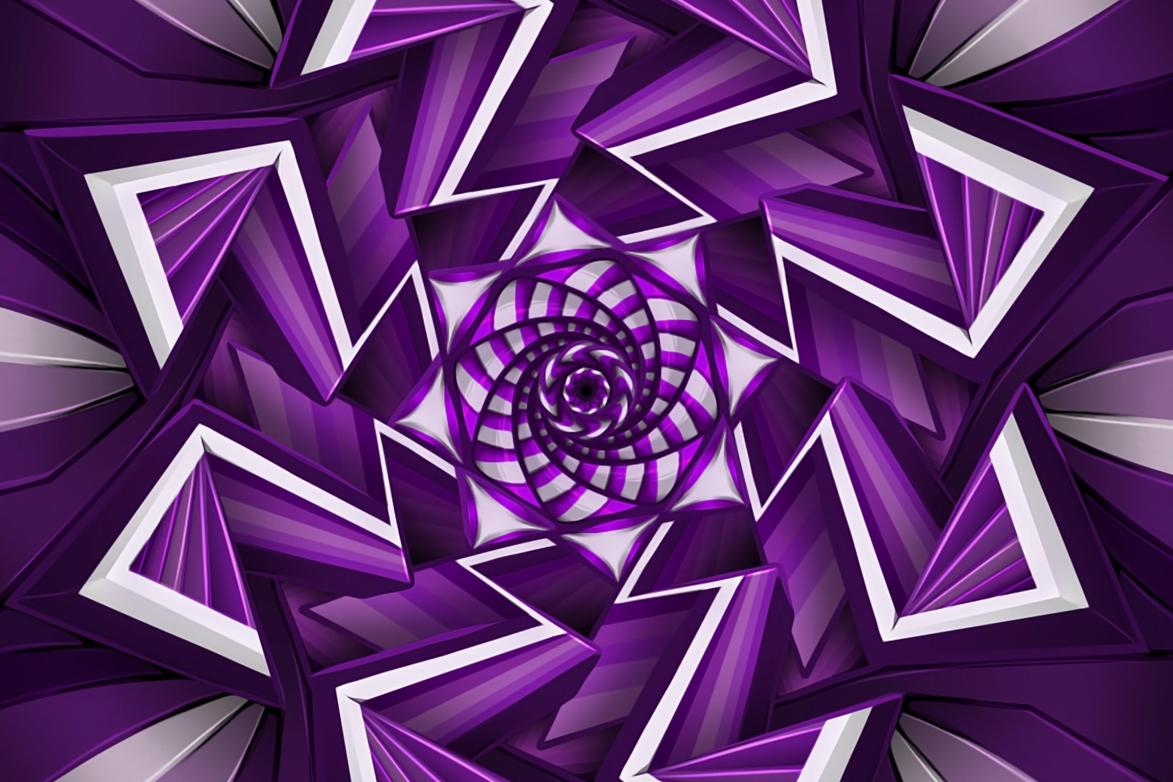 A purple, black and white graphic of mixed shapes