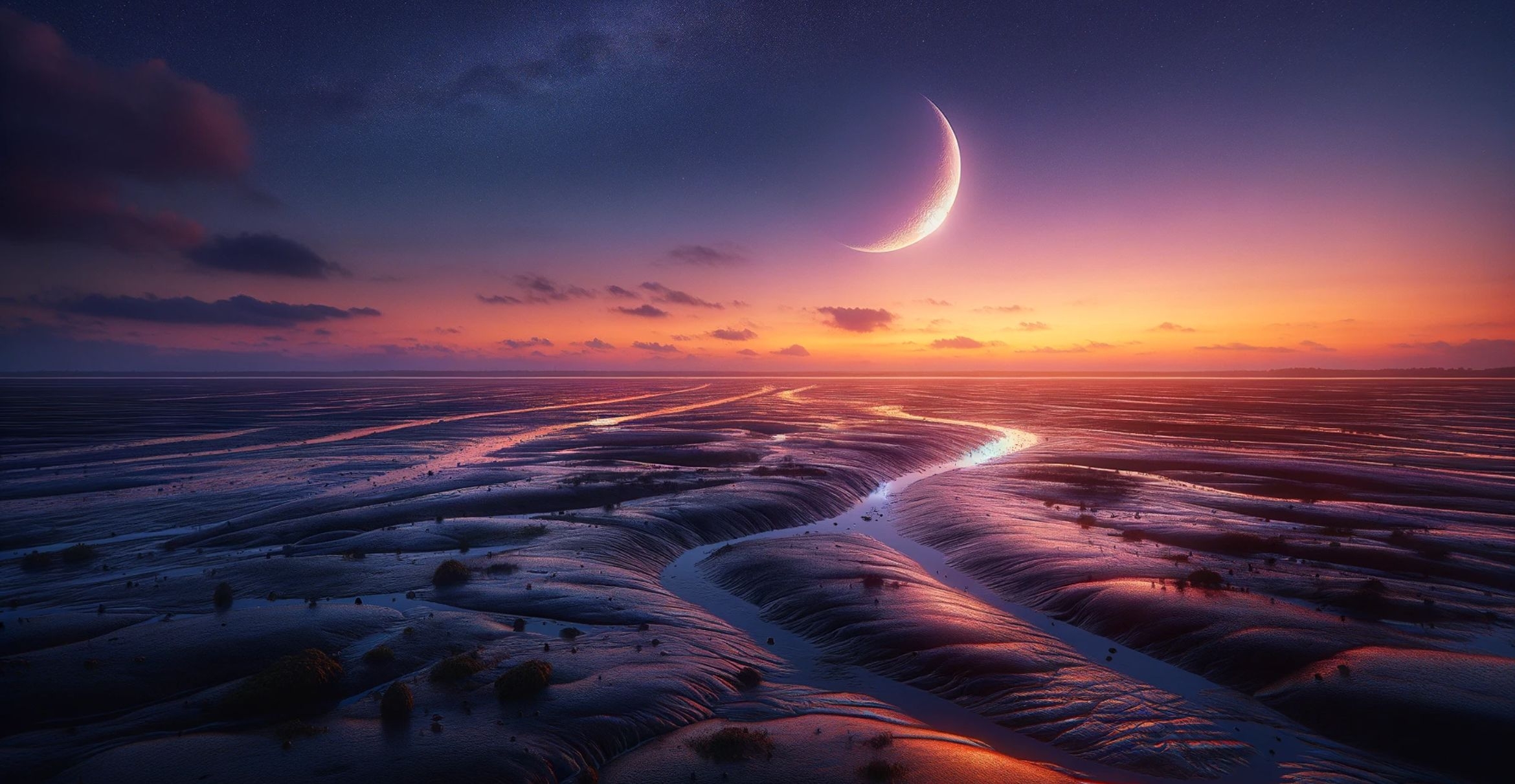 A large crescent moon shines in the early twilight over tidal mudflats.