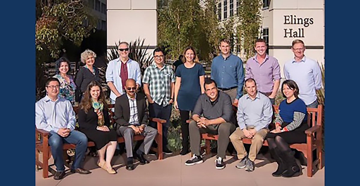 The 14 members of the Biopacific Group pose outside Elings Hall