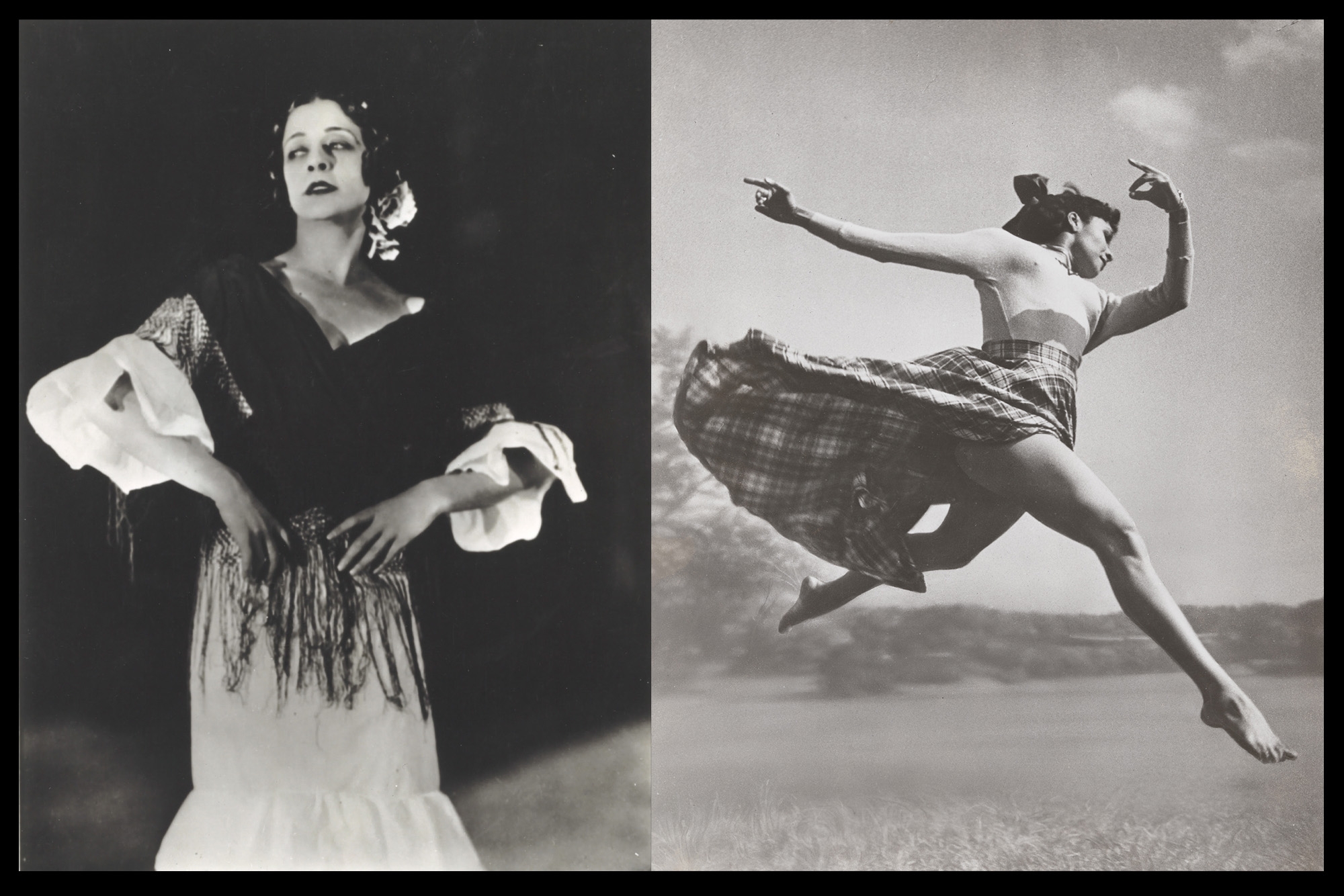 side by side photos of two women in different costumes dancingg
