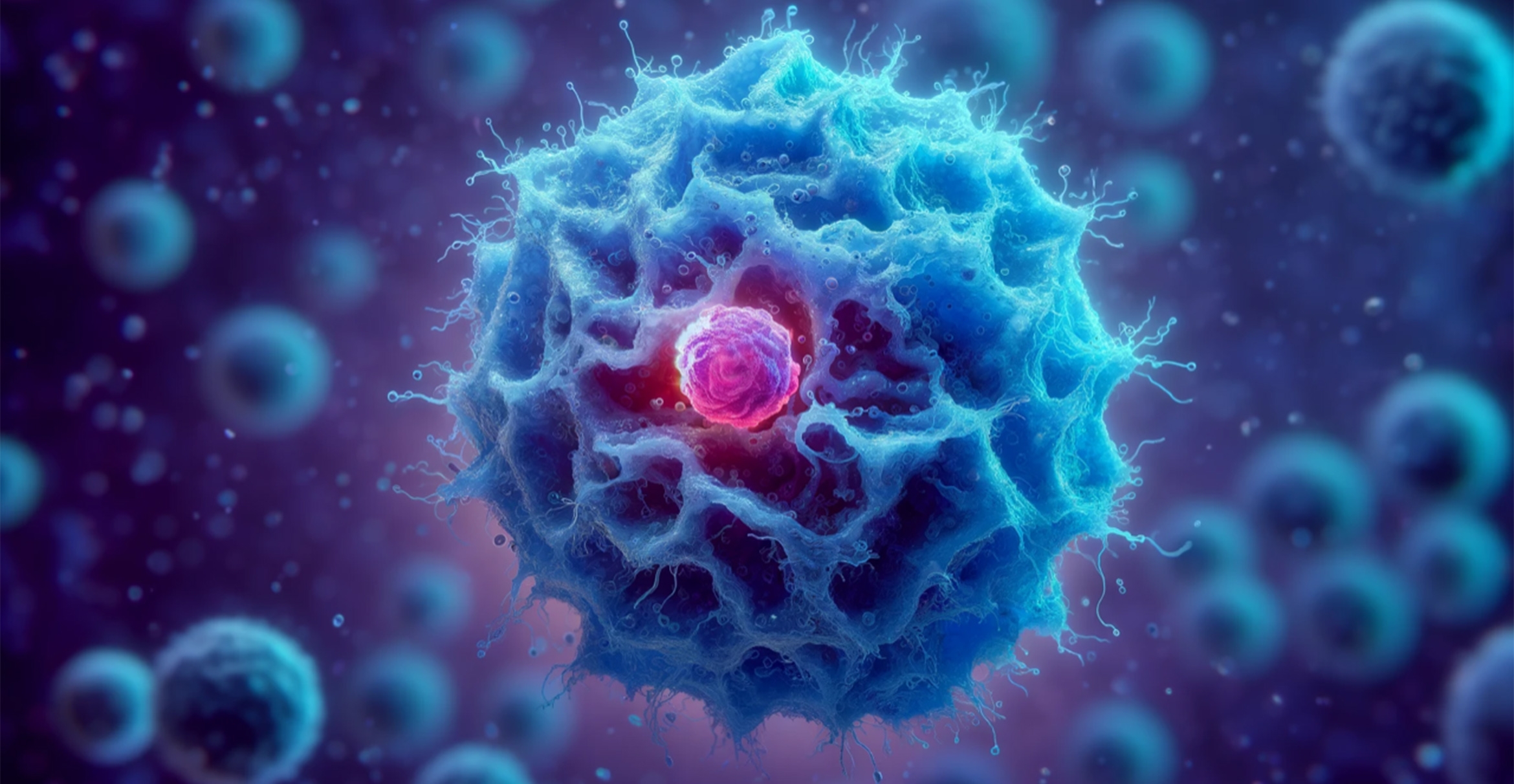 A blue macrophage engulfs a magenta lymphocyte, as rendered by ChatGPT4.