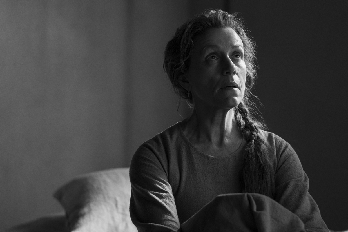 Black and white portrait of Frances McDormand as Lady Macbeth