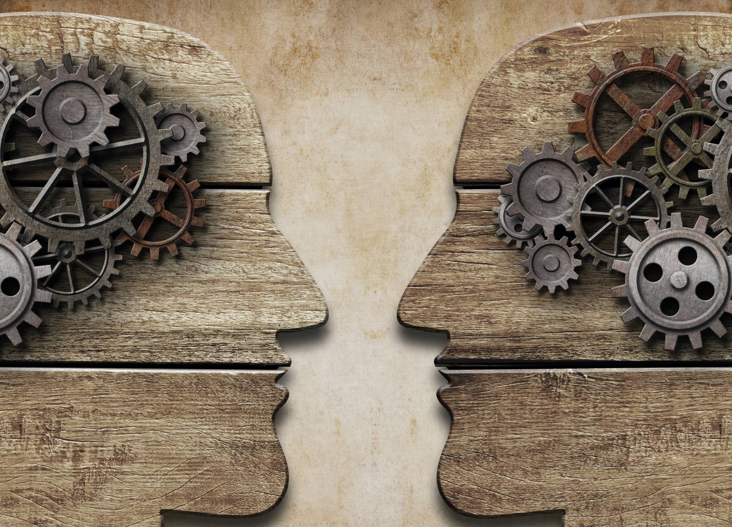 gears as brains on wooden silhouettes of heads facing each other