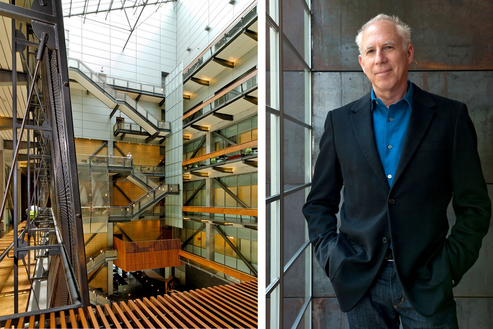 interior of modernist building with steel steps and portrait of white man in blazer