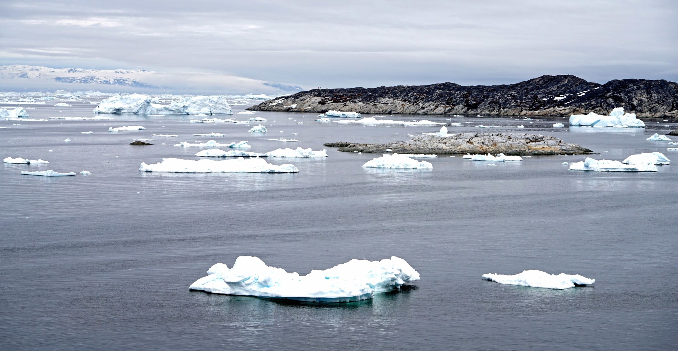 Icebergs float of Greenland in the arctic sea.