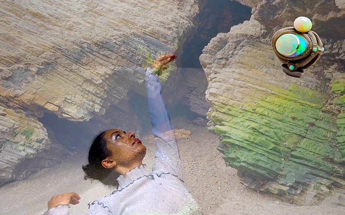 Black woman lying on ground partially submerged by light or water