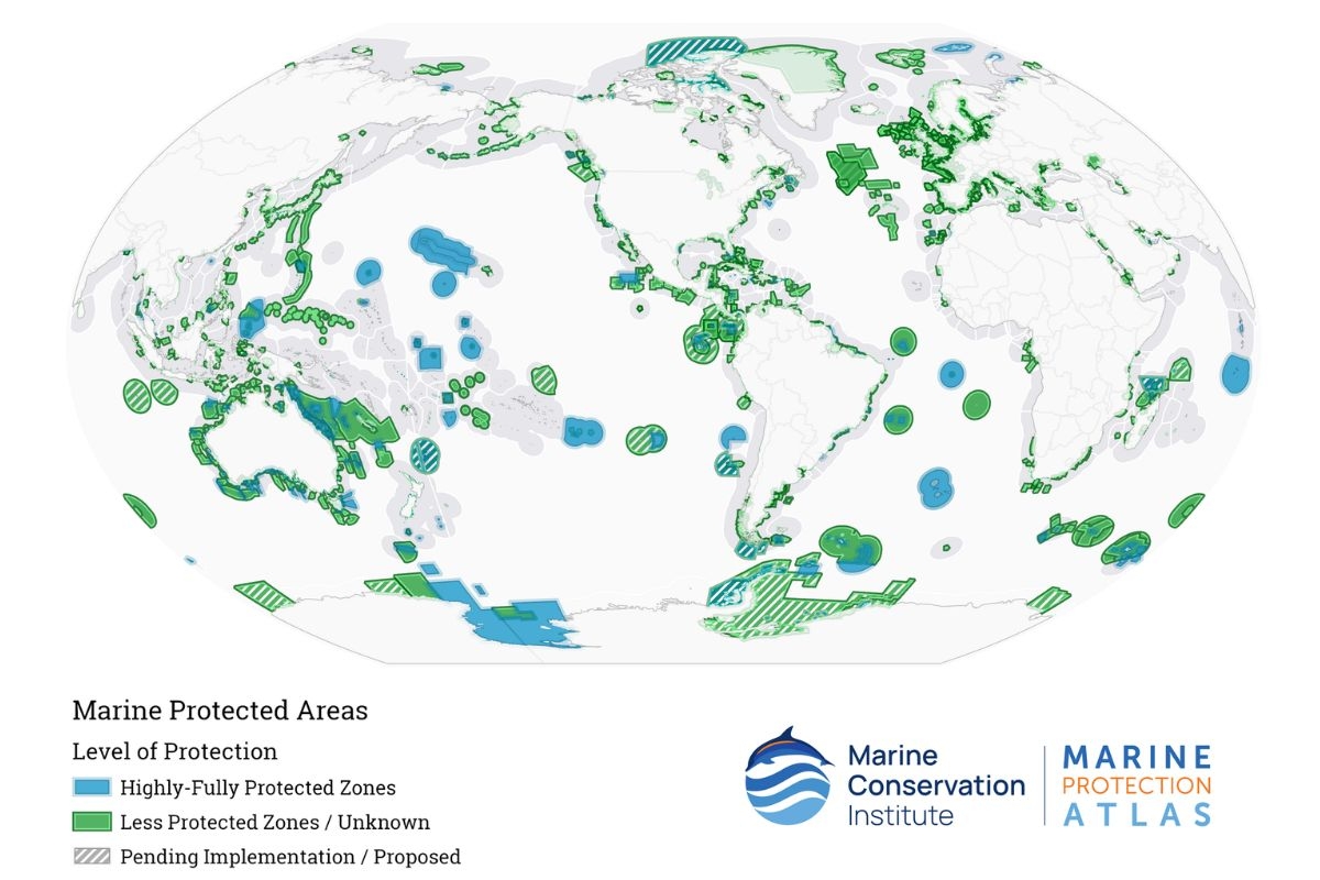 A global map of marine protected areas as of November 2022.