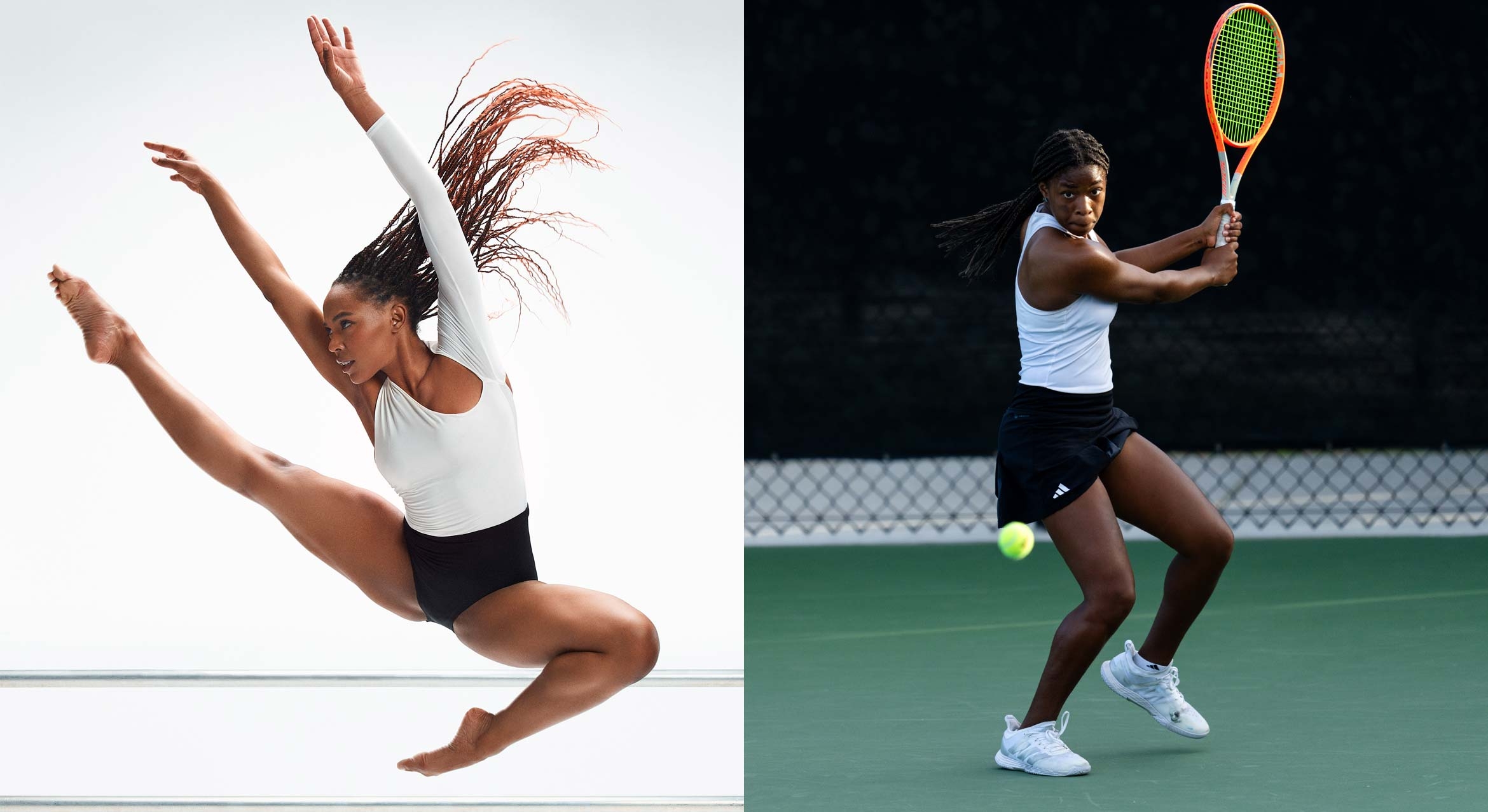 A side-by-side image of a female dancer in motion and a woman playing tennis