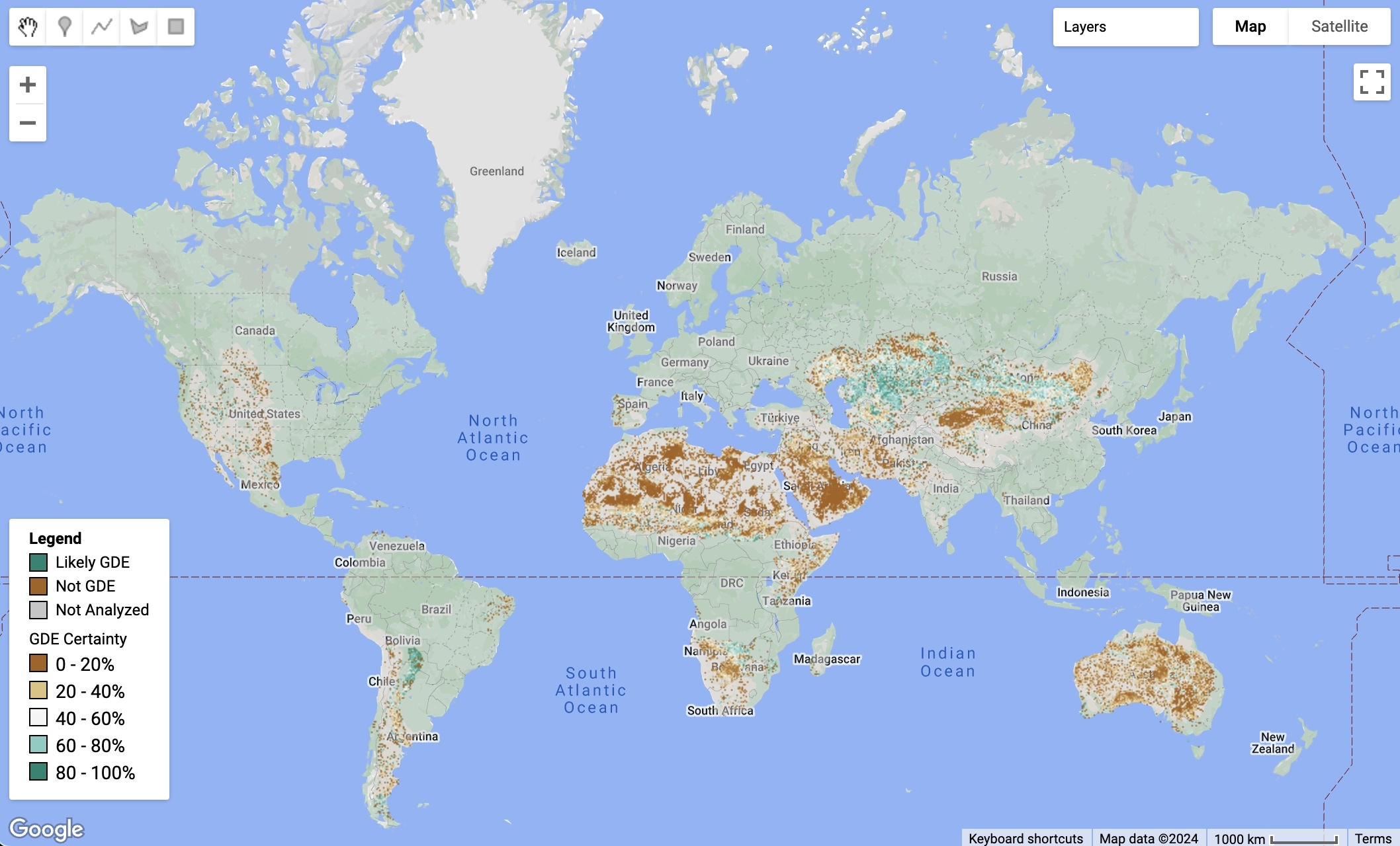 The global map of groundwater-dependent ecosystems.