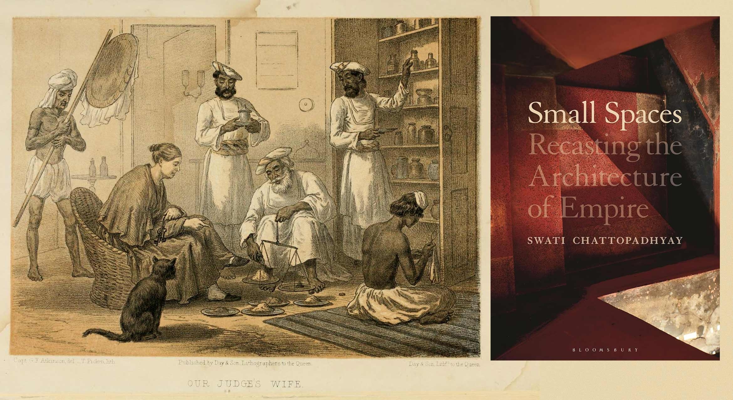 book cover and a drawing of people cooking in India