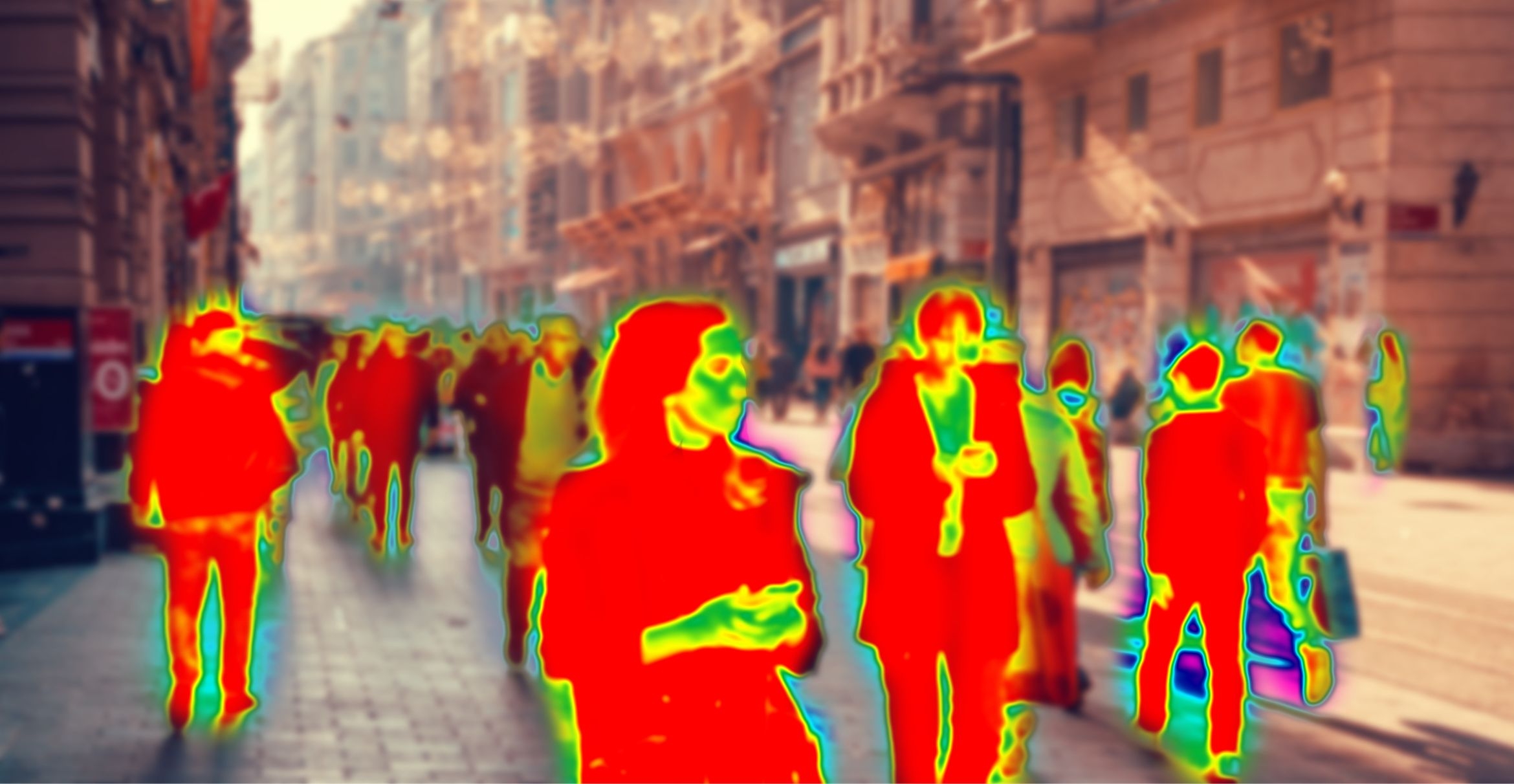 Pedestrians in IR walk along a cobblestone street.