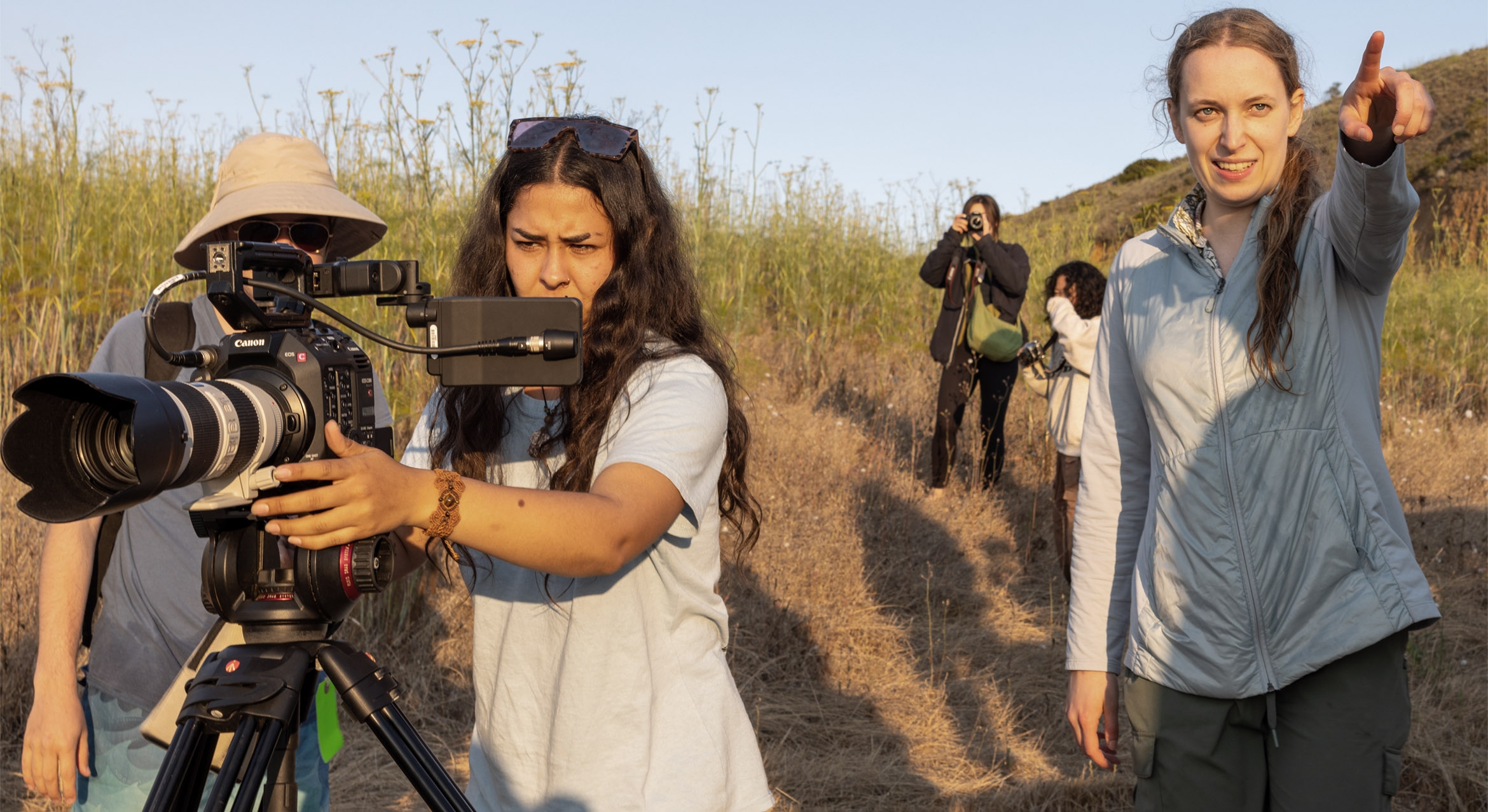 a small group of student filmmakers gather footage on Santa Cruz island 