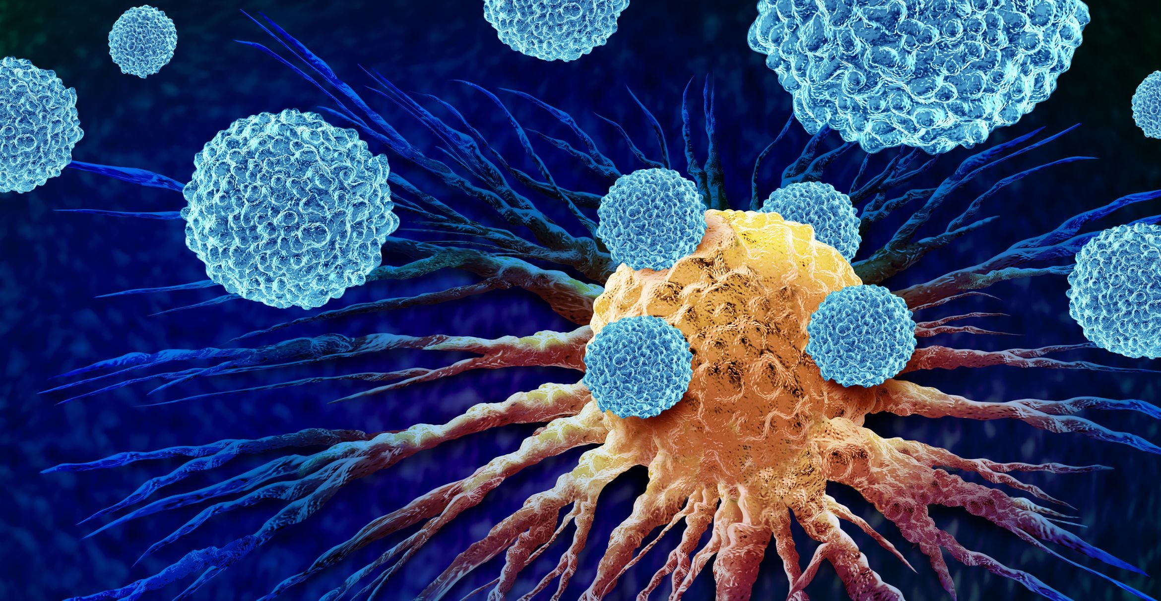 An illustration of macrophages attacking a cancer cell.