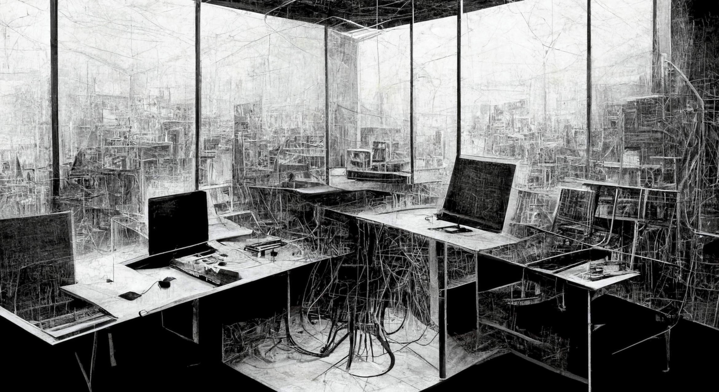 black and white AI generated image of wires and computers overgrown