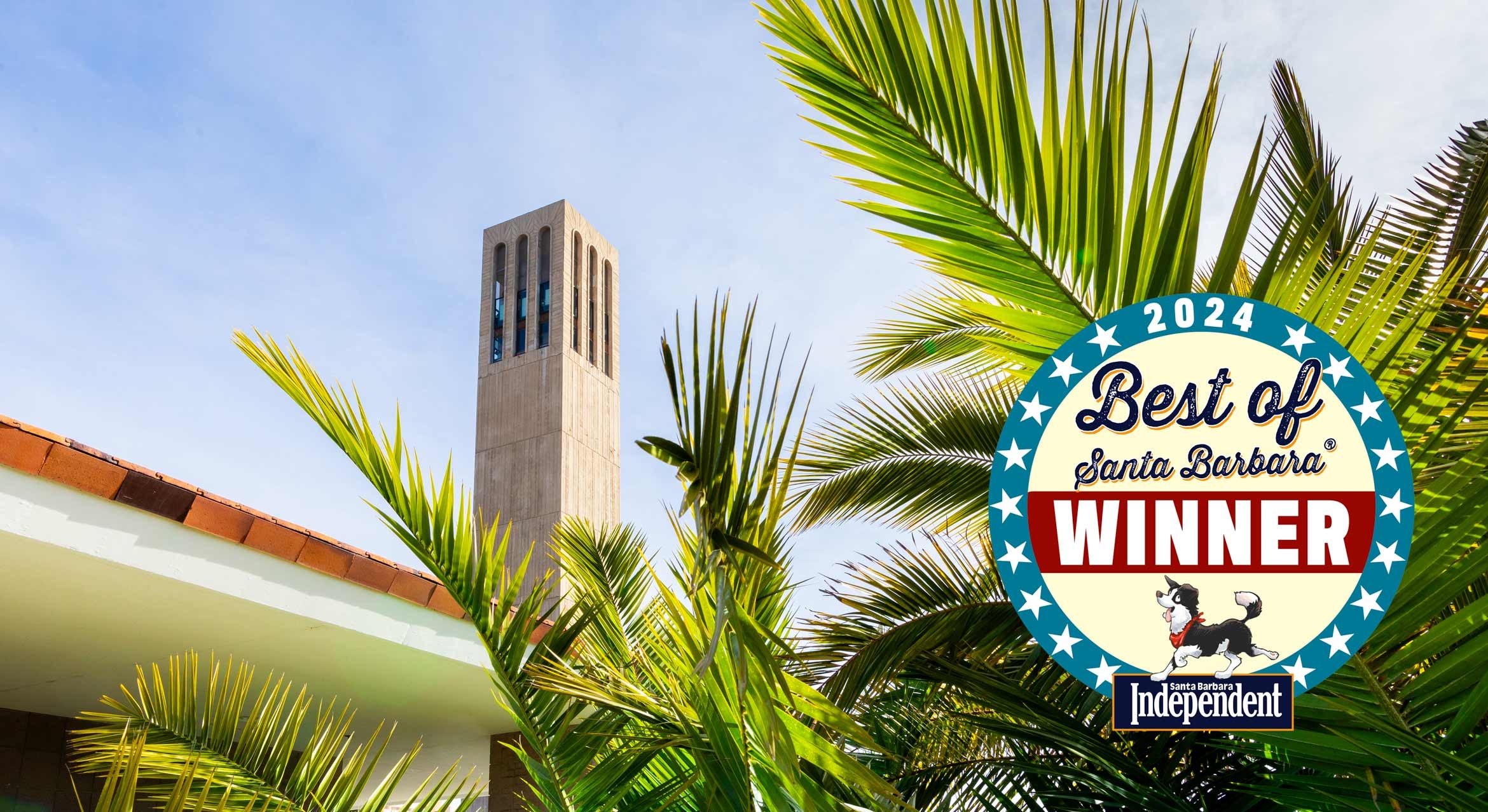 View of Storke Tower through palm leaves, with Best Of winner badge in corner