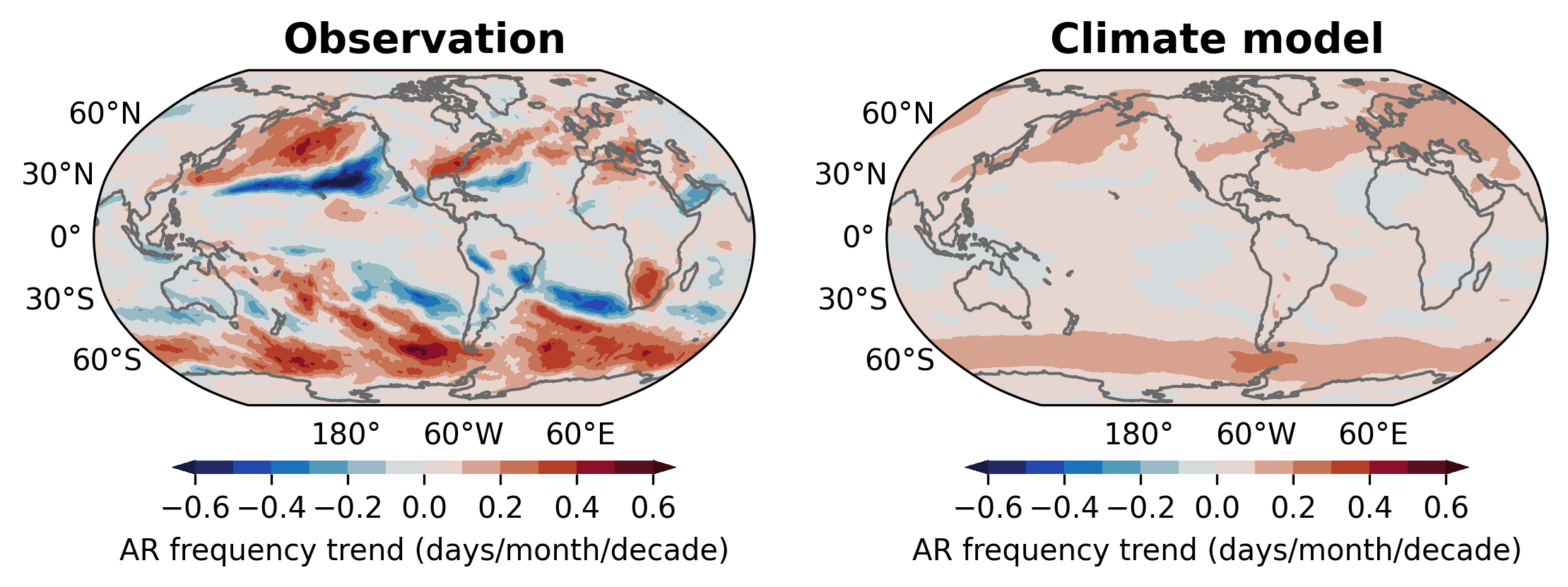 Maps of observed and modeled atmospheric river frequency.