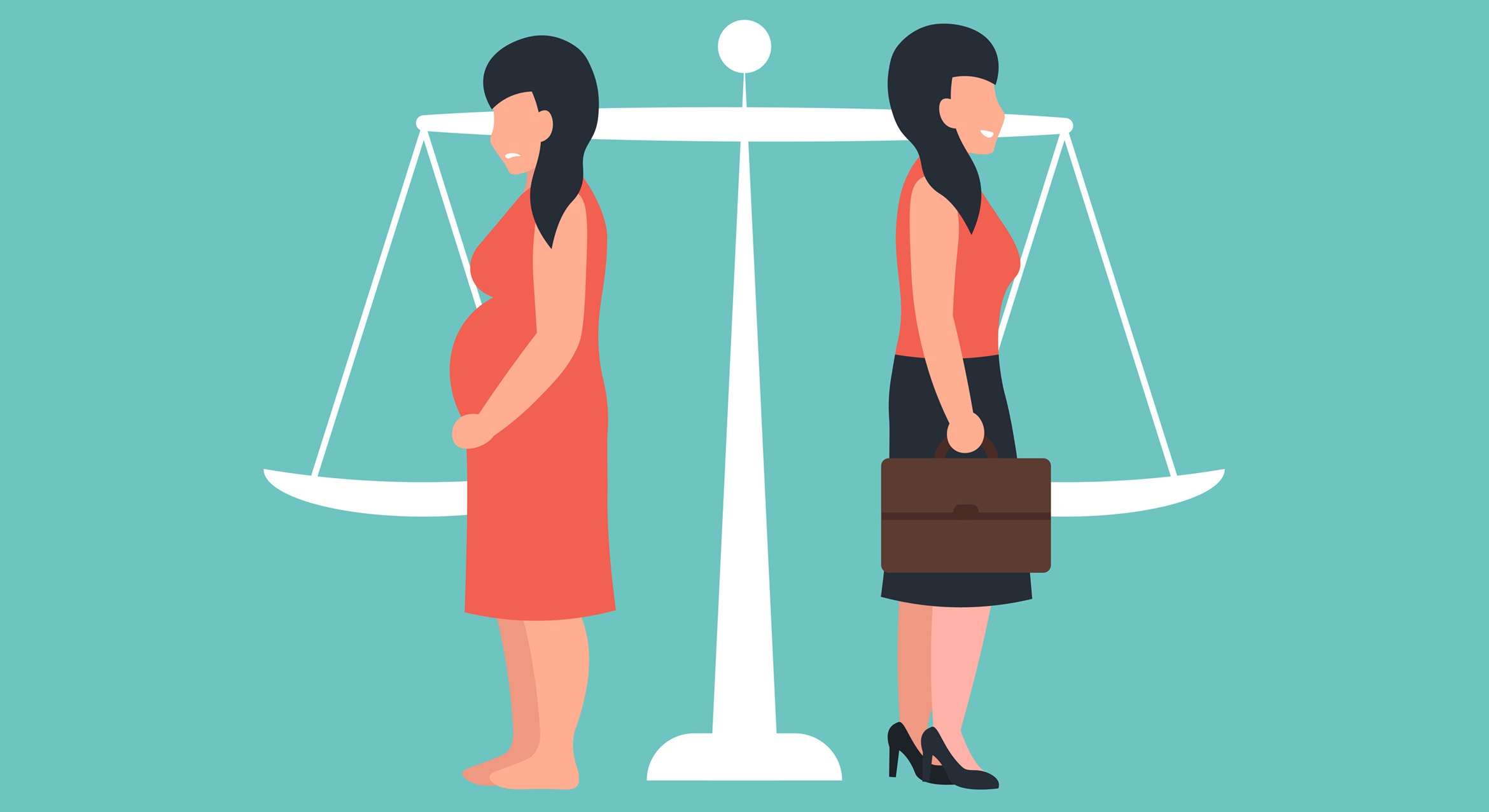 illustration of two women, one of whom is pregnant, standing in front of a balancing scale