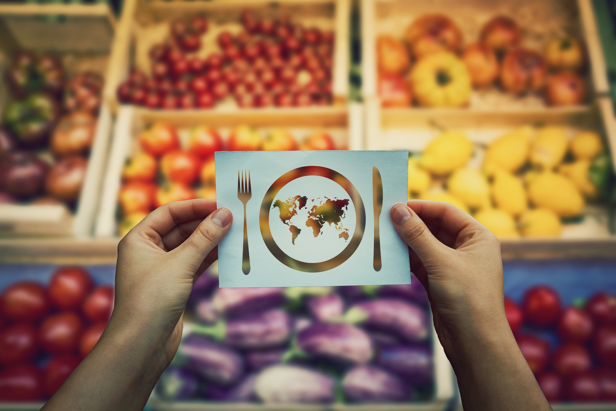 hand holding a cutout of the world map as a plate