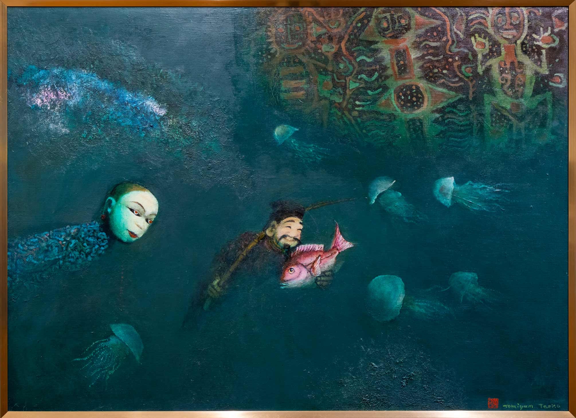 oil painting by Tomiyama Taeko of mythical underwater sea creatures with calamares emerging from deep marine blue and below a vessel decorated with folcloric imagery