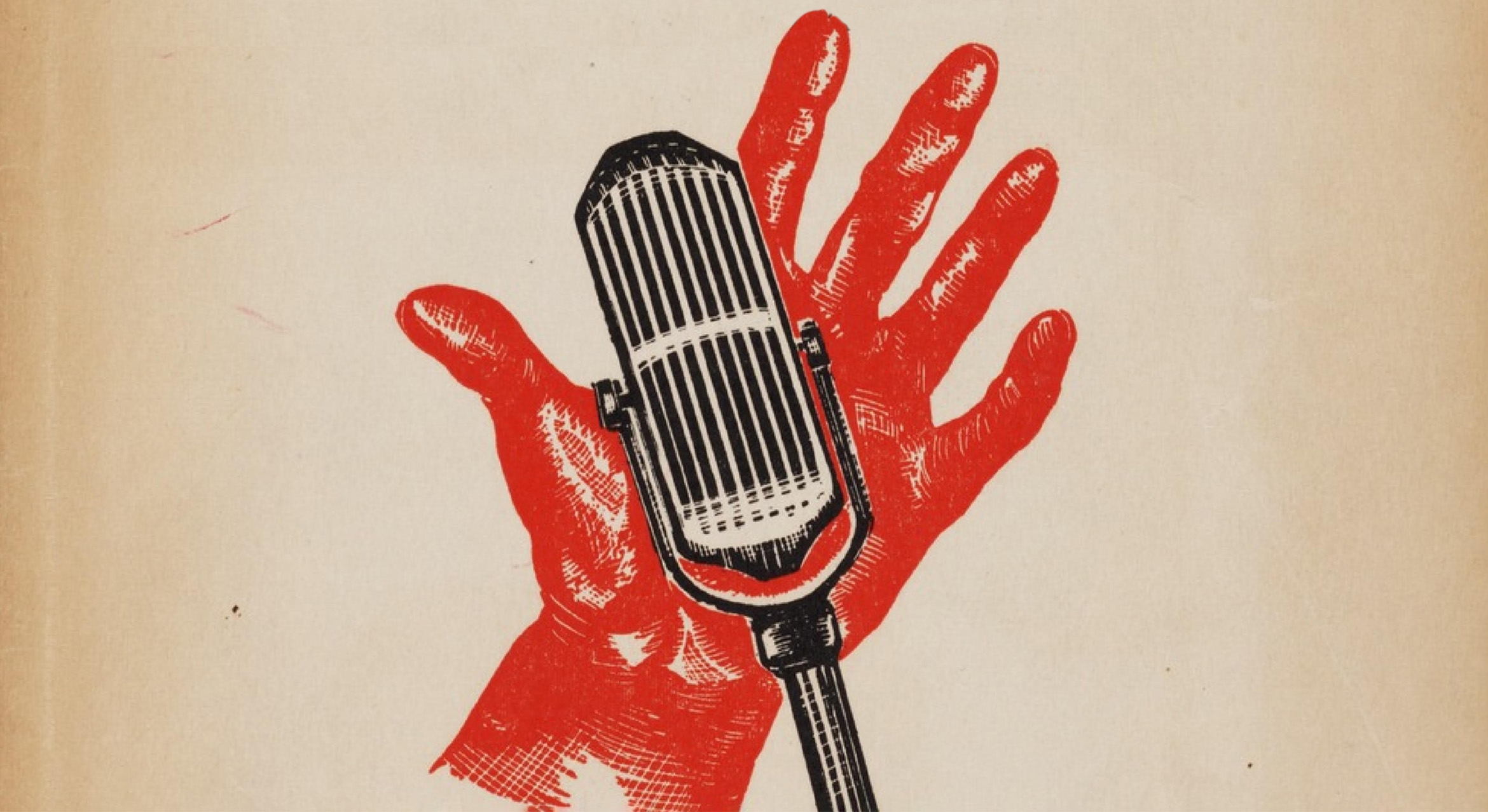 An illustration of a bright red hand holding a 1950s era microphone